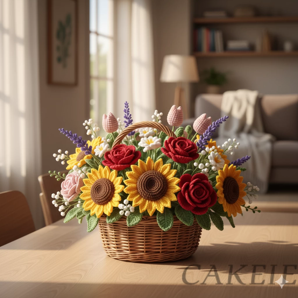 Crochet Flower Basket Arrangement